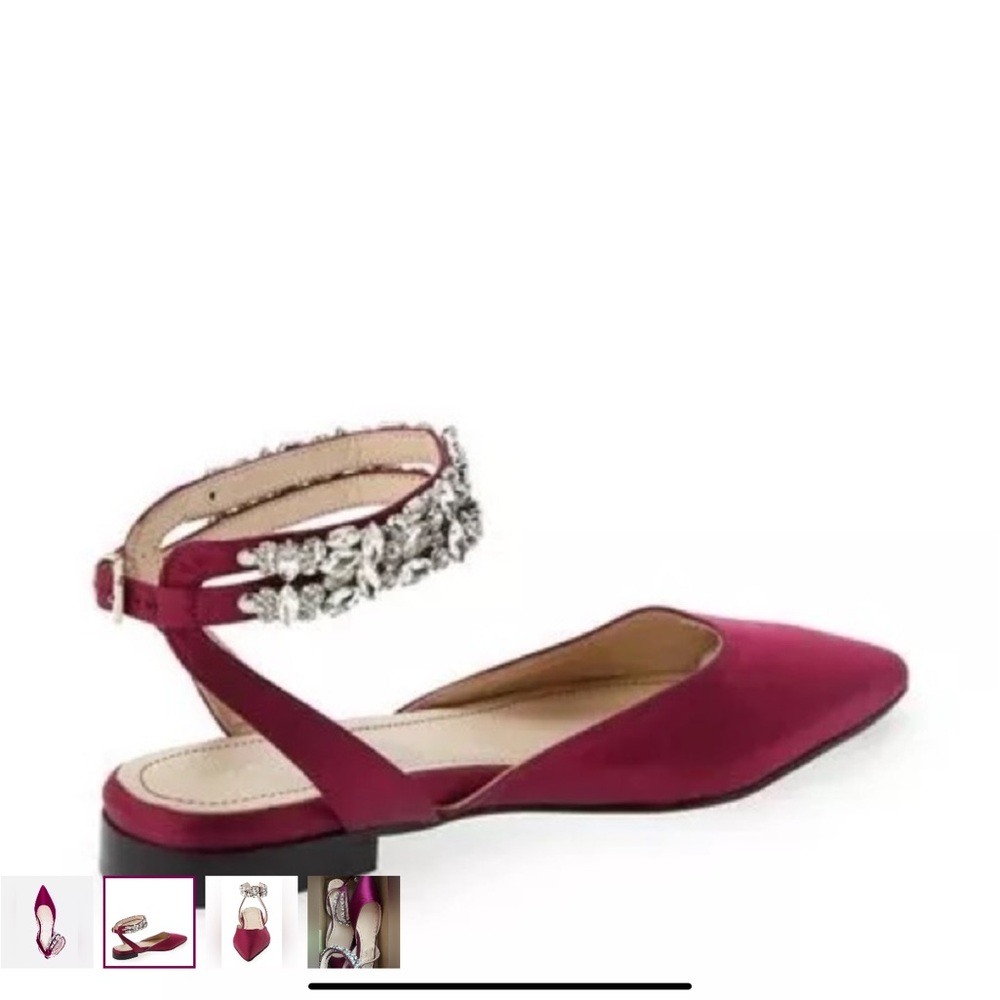 BEAUTIISOLES NWT Plum Satin Rhinestone Embellished Ankel Strap Pointy Toe Flat
